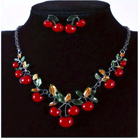 Vintage Retro Style Red Cherry Necklace & Earrings Set Cute Fruit Charm Chain - Picture 1 of 7